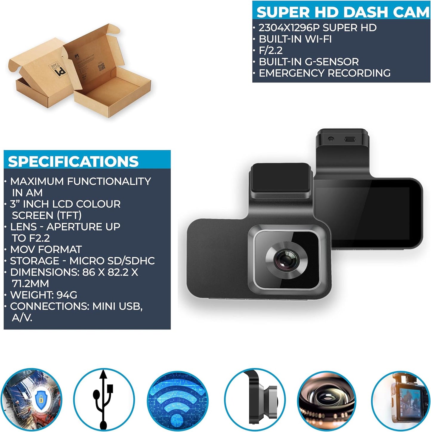 P1 Autocare DASHCAM Super HD - Front & Rear recording - 170-degree angle- HDR 3.0 inch LCD display