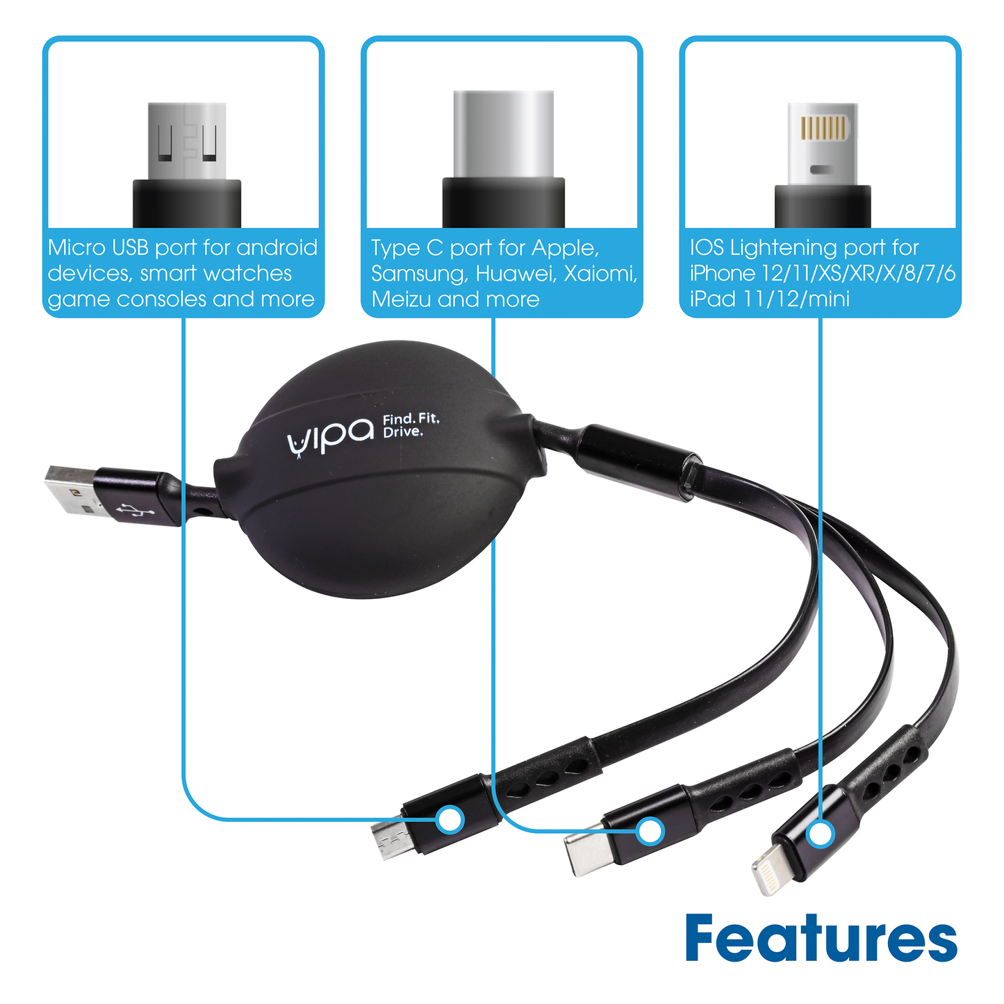 Retractable Silicone Charging Cable - 3 in 1
