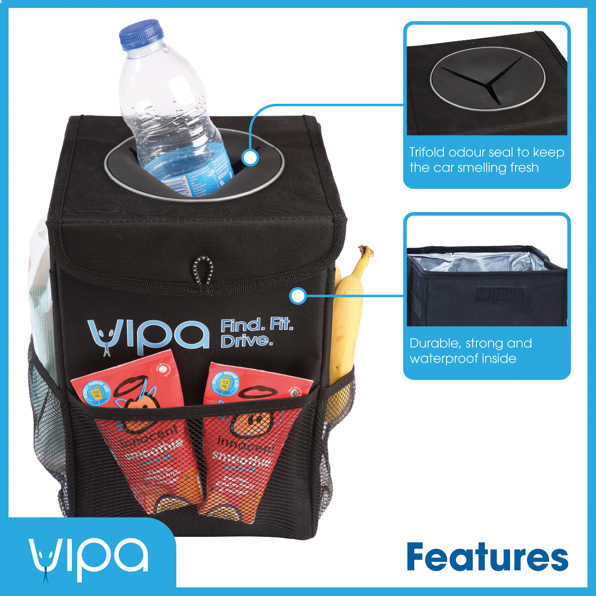 Large In-Car Litter Bin,10 Litre Capacity. Waterproof and Durable with Straps to Secure in Place. Keep Your Car or Van Tidy. Includes Storage Pockets.