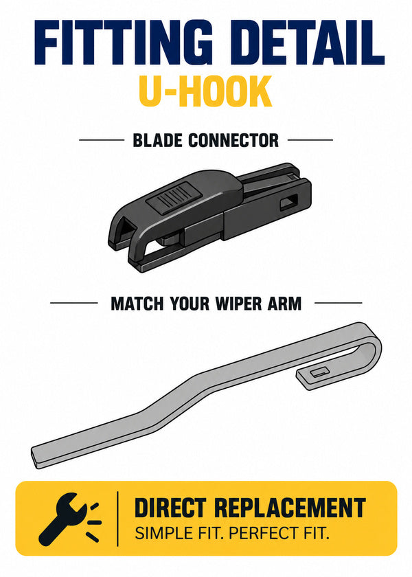 Nissan Note E11 MPV - Wiper connector and arm fitting illustration - U-HOOK