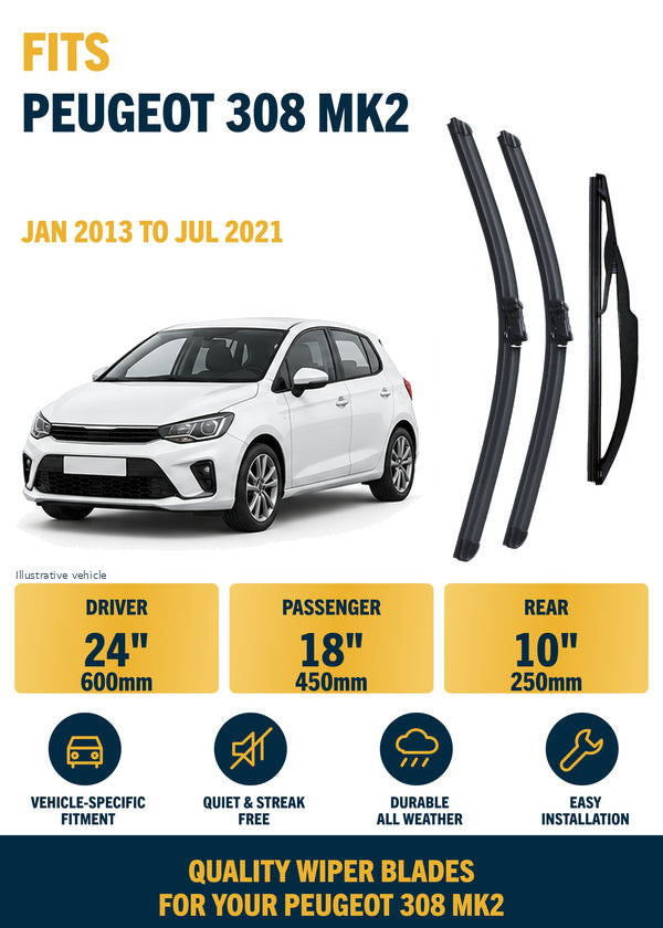 Peugeot 308 MK2 Hatchback - Wiper blade overview with generic white vehicle illustration