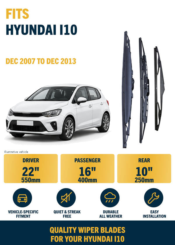 Hyundai i10 Hatchback - Wiper blade overview with generic white vehicle illustration