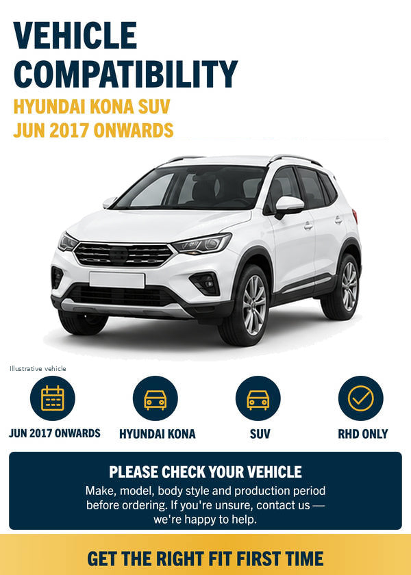 Hyundai Kona SUV - Vehicle compatibility with generic white vehicle illustration