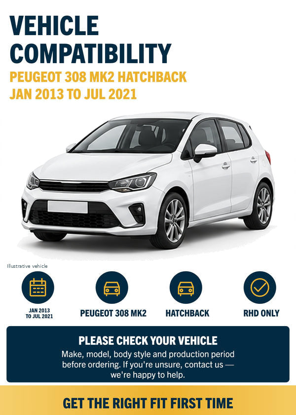 Peugeot 308 MK2 Hatchback - Vehicle compatibility with generic white vehicle illustration