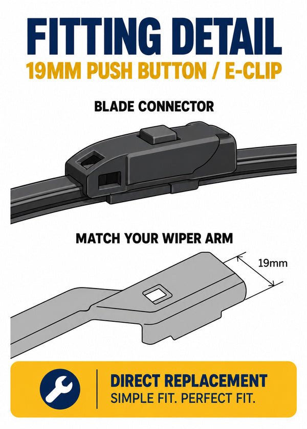 Peugeot 2008 Estate - Wiper connector and arm fitting illustration - 19MM PUSH BUTTON / E-CLIP