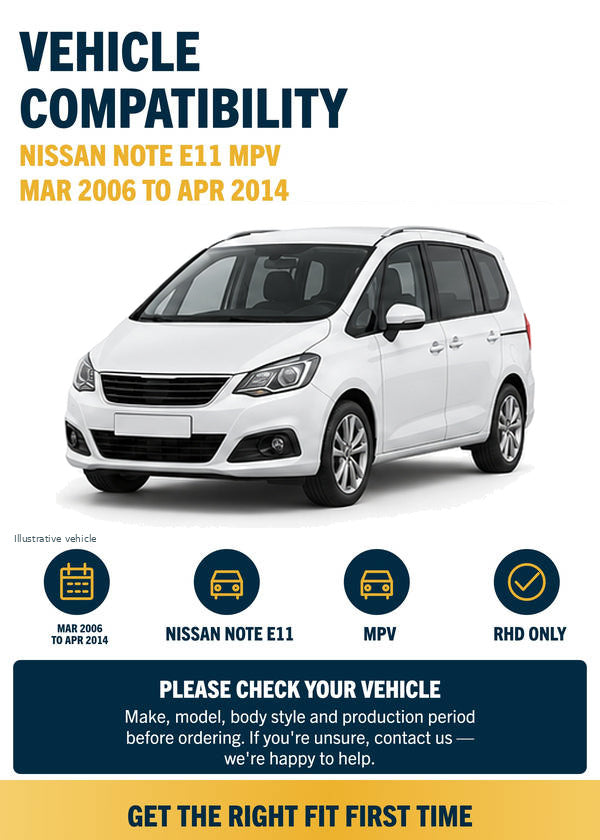 Nissan Note E11 MPV - Vehicle compatibility with generic white vehicle illustration