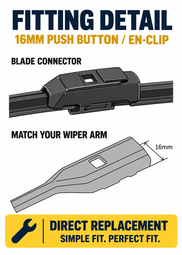 Hyundai Tucson SUV - Wiper connector and arm fitting illustration - 16MM PUSH BUTTON / EN-CLIP