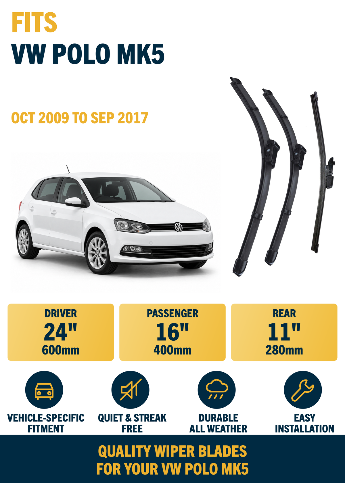 VW Polo MK5 Hatchback wiper blade overview