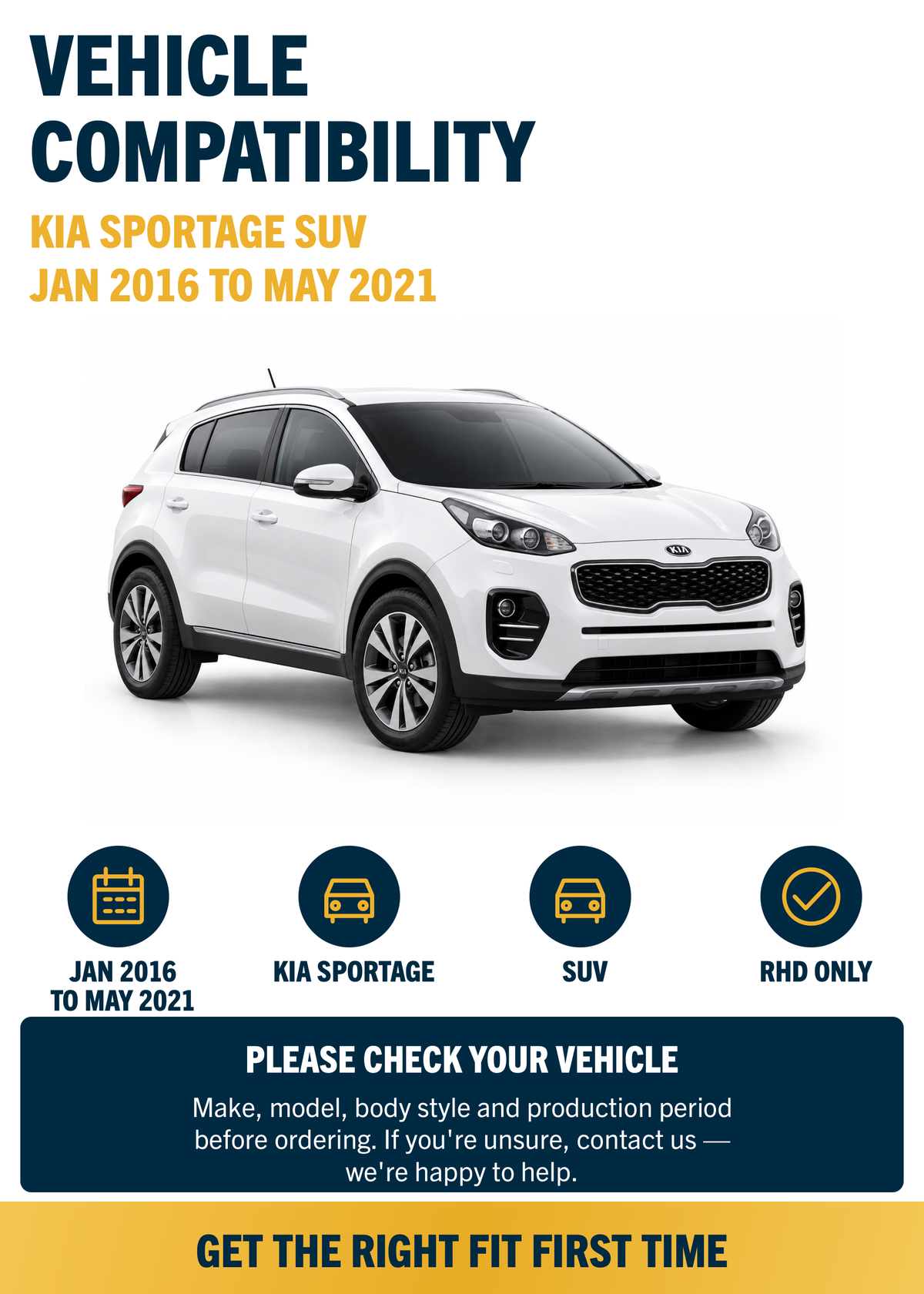 Kia Sportage SUV Jan 2016 to May 2021 compatibility