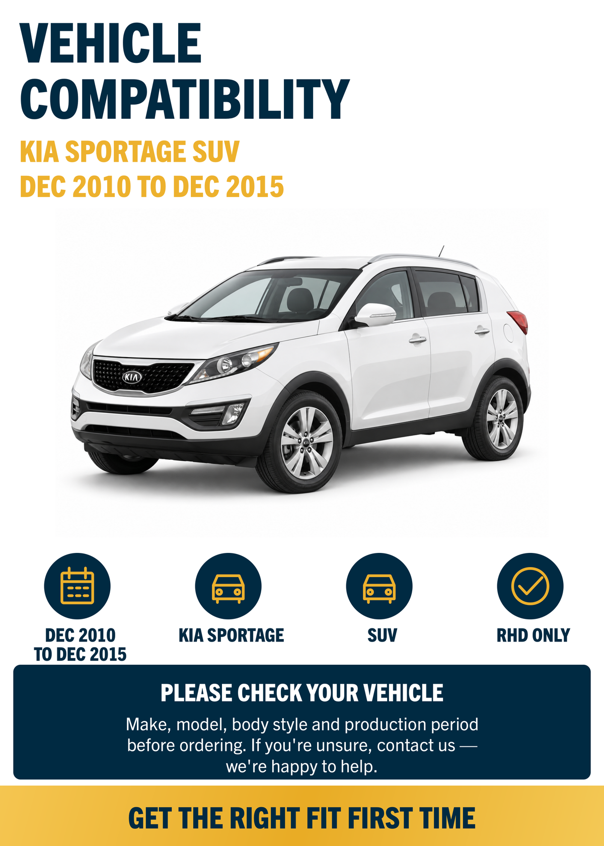 Kia Sportage SUV Dec 2010 to Dec 2015 compatibility