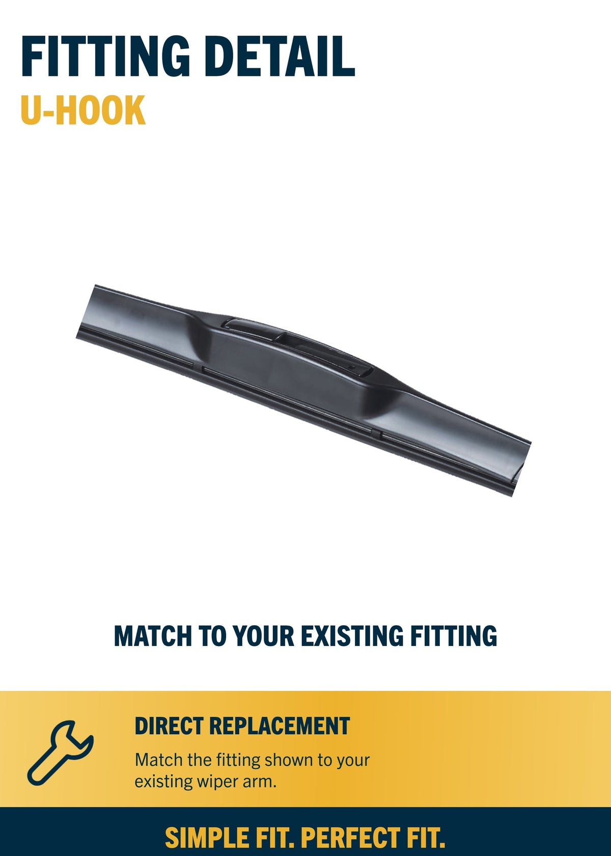Covered hybrid U-hook front wiper fitting close-up