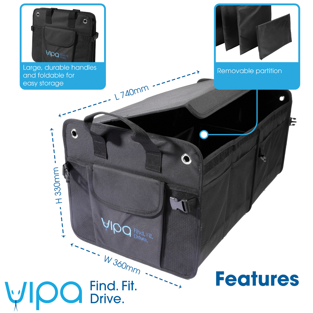 Large Universal Boot Organizer: Large Storage Capacity, Multiple Compartments. Durable & Washable Fabric. 10 Outer Pockets & Velcro Lid.